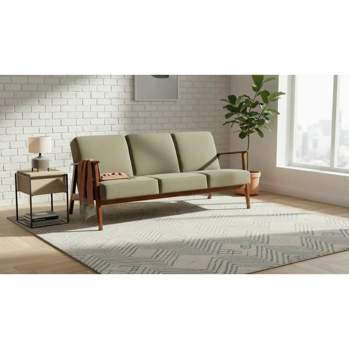 Canapea MILANO 3S, verde olive - Castel 39, stofa catifelata/lemn, 175x77x77 cm