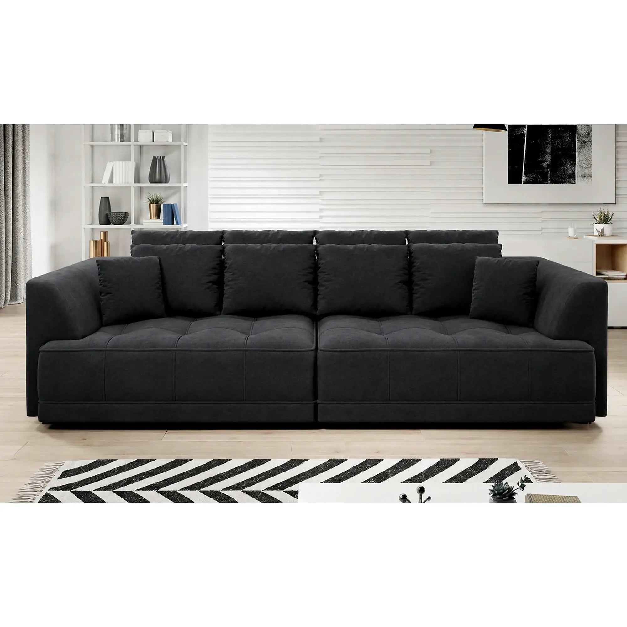 Canapea moderna pentru living TIGA, stofa catifelata maro inchis - Whisper 6, cu reglaj electric, 302x136x88/72 cm