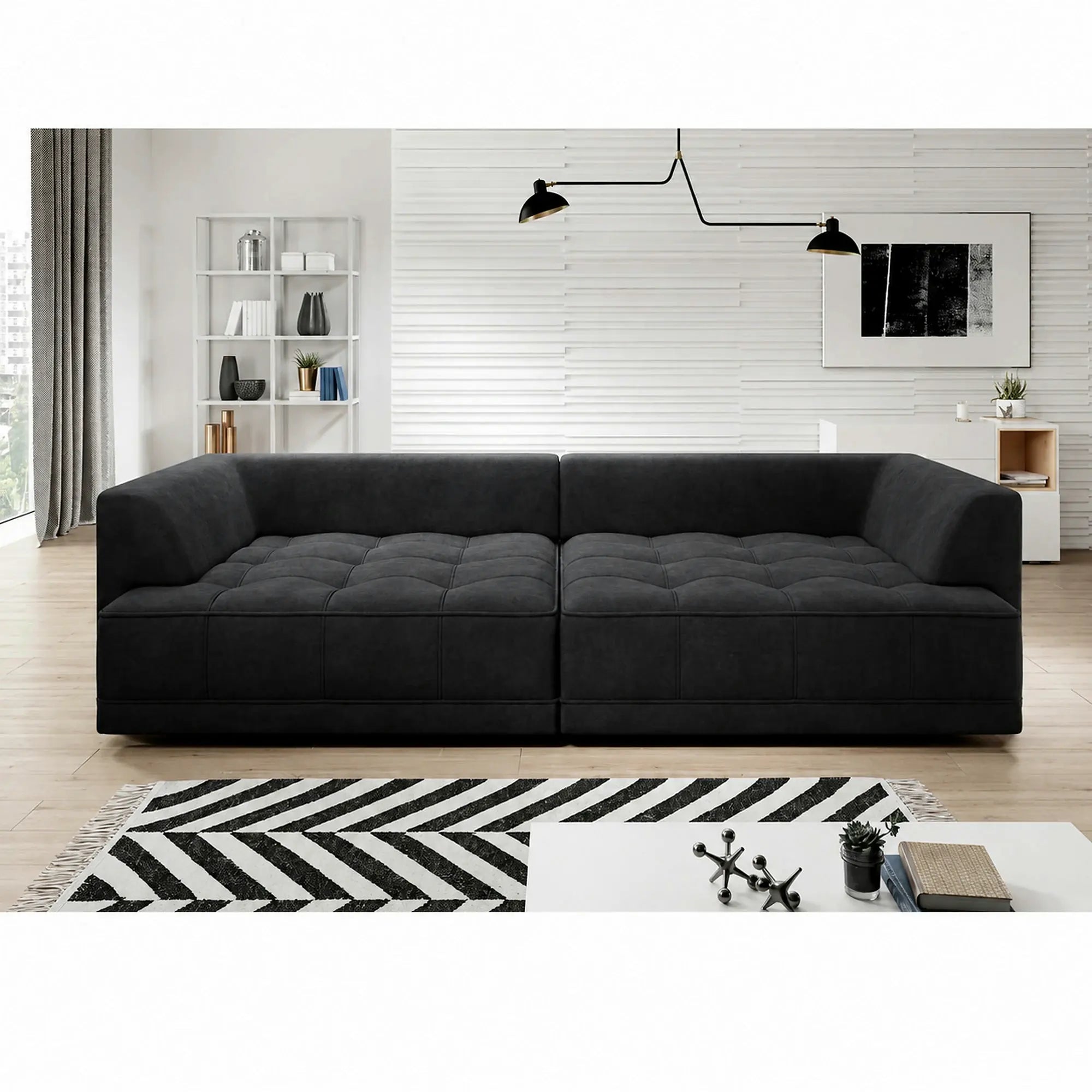 Canapea moderna pentru living TIGA, stofa catifelata maro inchis - Whisper 6, cu reglaj electric, 302x136x88/72 cm