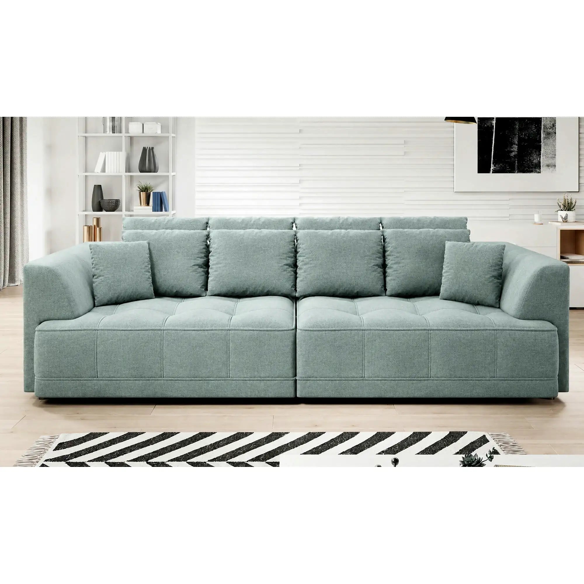 Canapea moderna pentru living TIGA, stofa catifelata verde menta - Salvador 12, cu reglaj electric, 302x136x88/72 cm