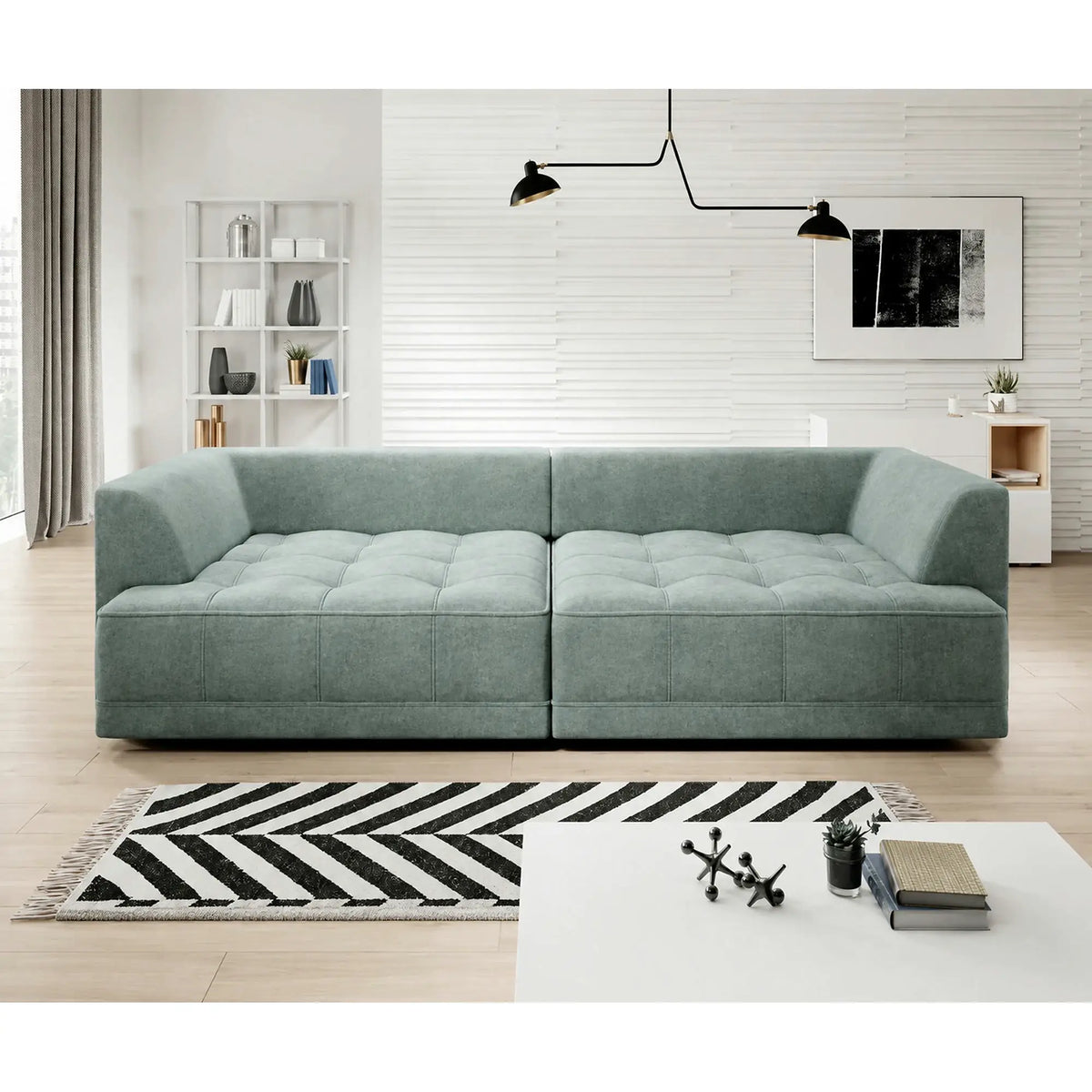 Canapea moderna pentru living TIGA, stofa catifelata verde menta - Salvador 12, cu reglaj electric, 302x136x88/72 cm