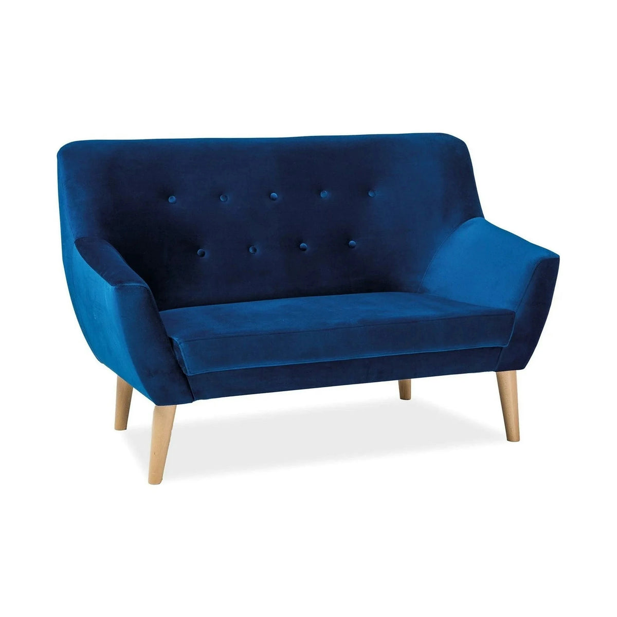 Canapea NORDIC 2, albastru marin/fag, stofa catifelata/lemn, 136x75x90 cm