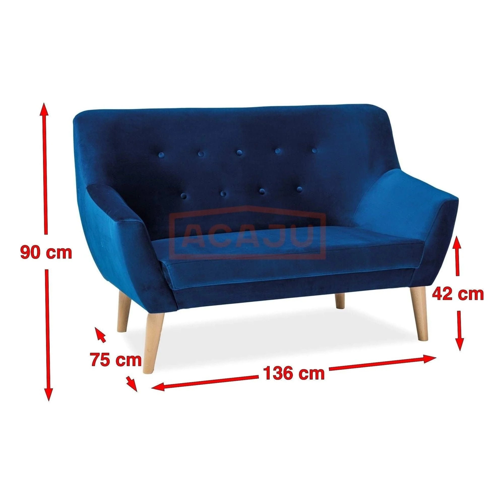 Canapea NORDIC 2, albastru marin/fag, stofa catifelata/lemn, 136x75x90 cm