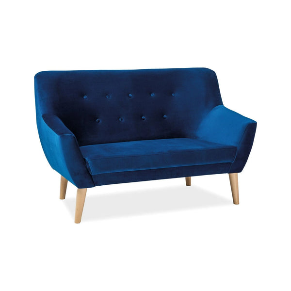 Canapea NORDIC 2, albastru marin/fag, stofa catifelata/lemn, 136x75x90 cm
