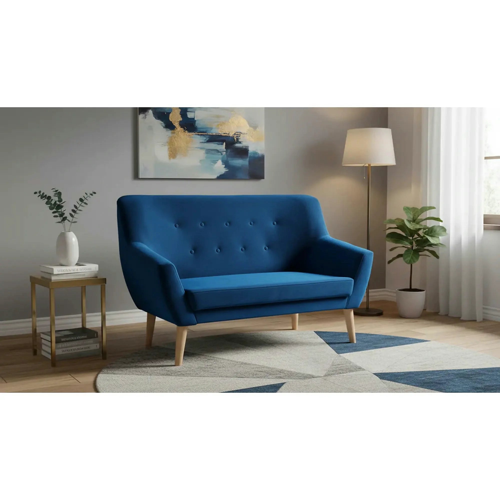 Canapea NORDIC 2, albastru marin/fag, stofa catifelata/lemn, 136x75x90 cm