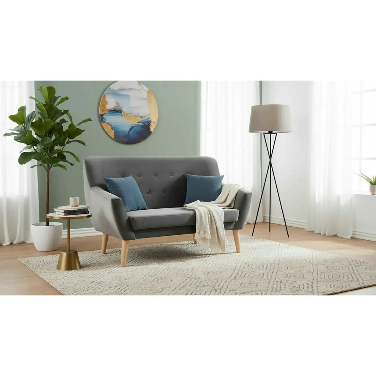 Canapea NORDIC 2, gri Bluvel 14, stofa catifelata/lemn de fag, 136x75x90 cm