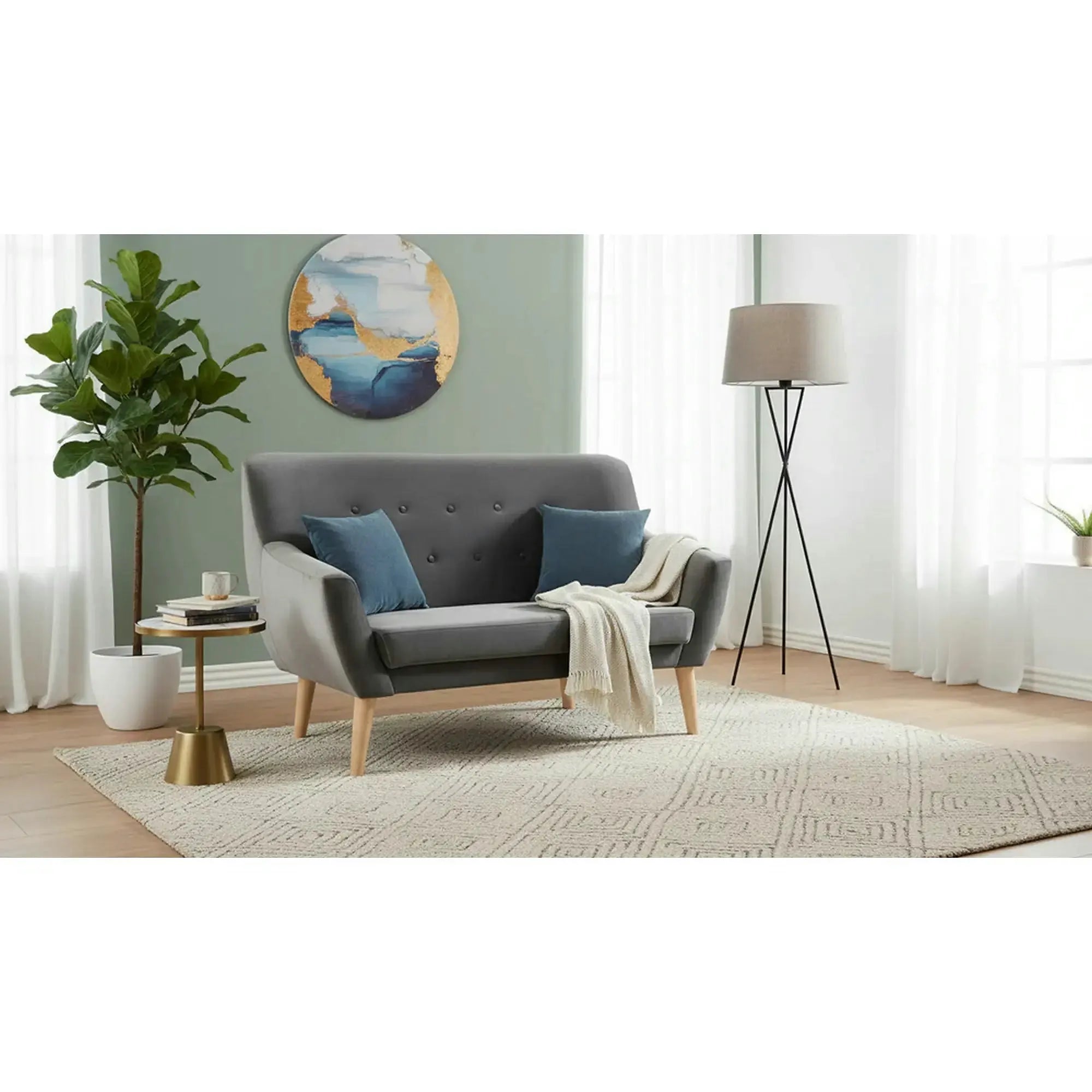 Canapea NORDIC 2, gri Bluvel 14, stofa catifelata/lemn de fag, 136x75x90 cm