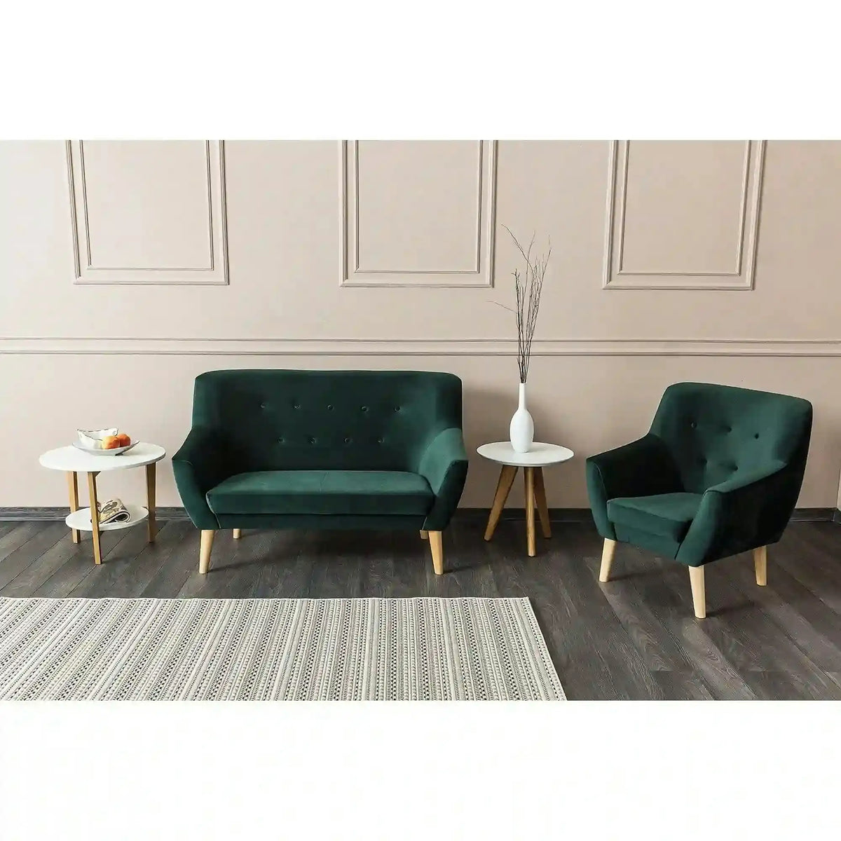 Canapea NORDIC 2, verde/fag, stofa catifelata/lemn, 136x75x90 cm