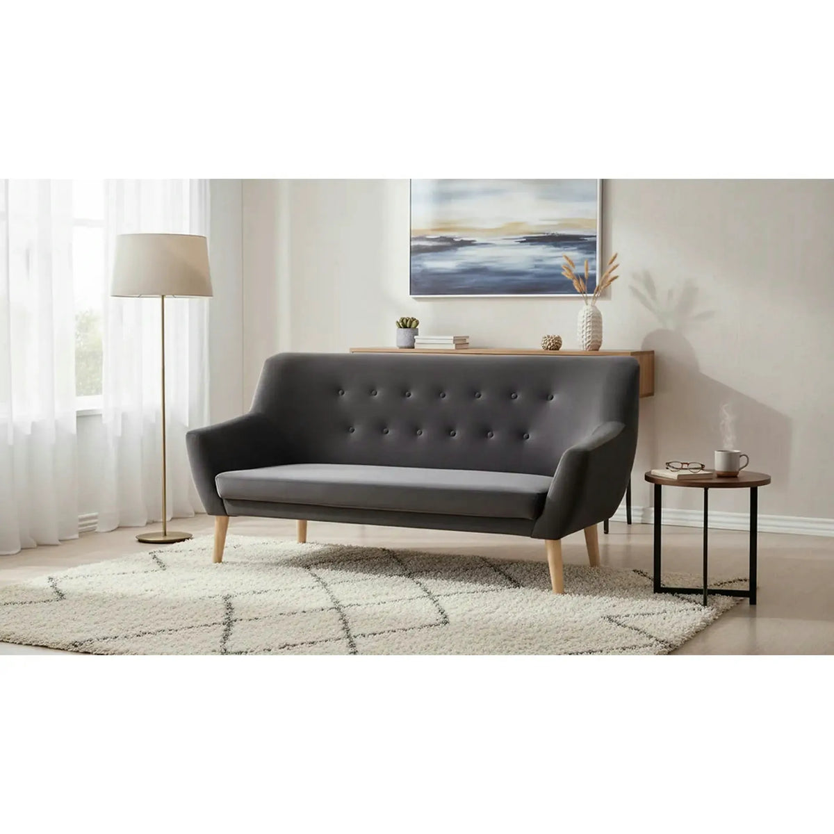 Canapea NORDIC 3, gri - Bluvel 14, stofa catifelata/lemn de fag, 180x75x90 cm