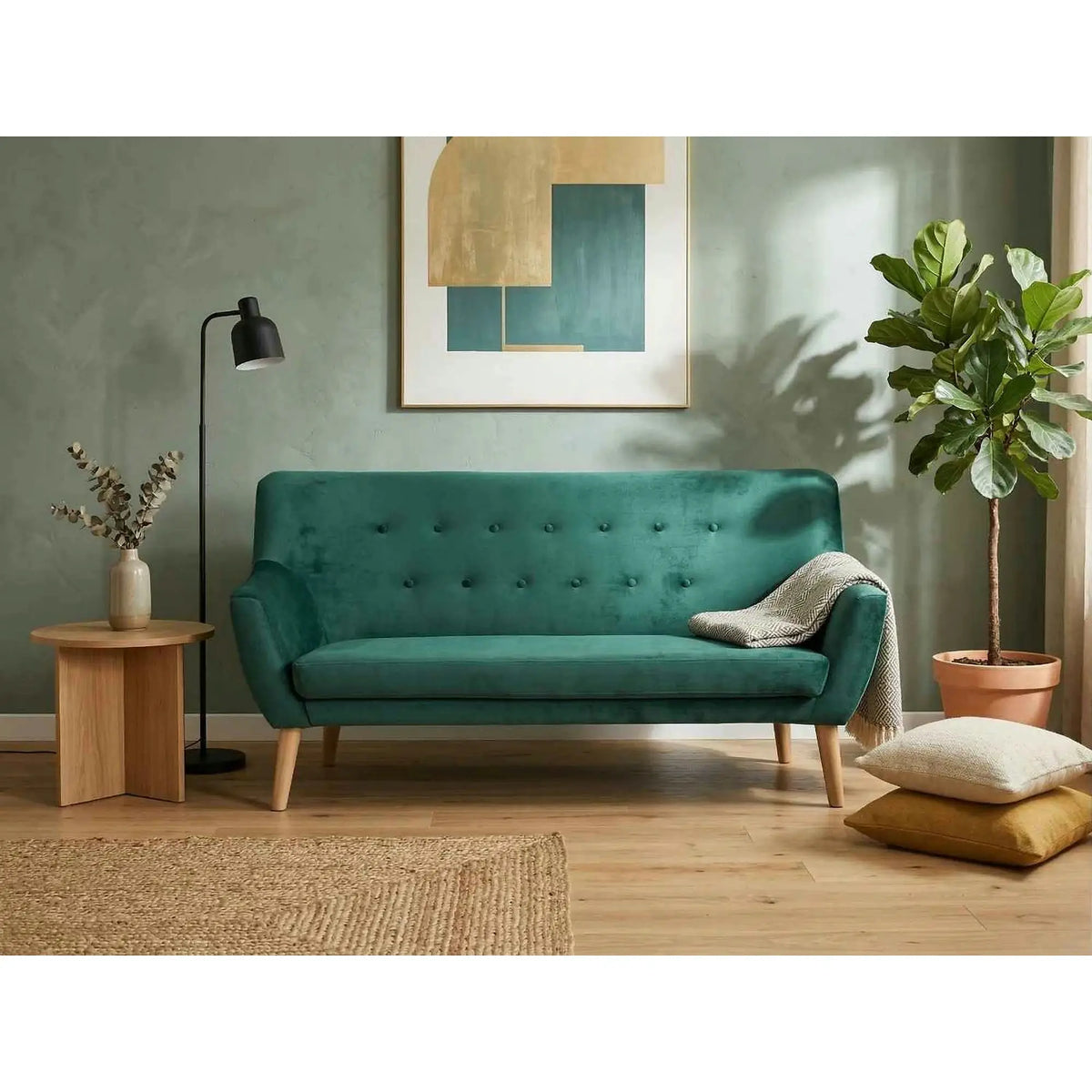 Canapea NORDIC 3, verde, stofa catifelata/lemn, 180x75x90 cm