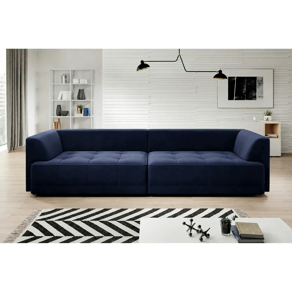 Canapea TIGA, stofa catifelata albastru inchis - Riviera 81, reglaj electric, 4 locuri, 302x136x72/88 cm