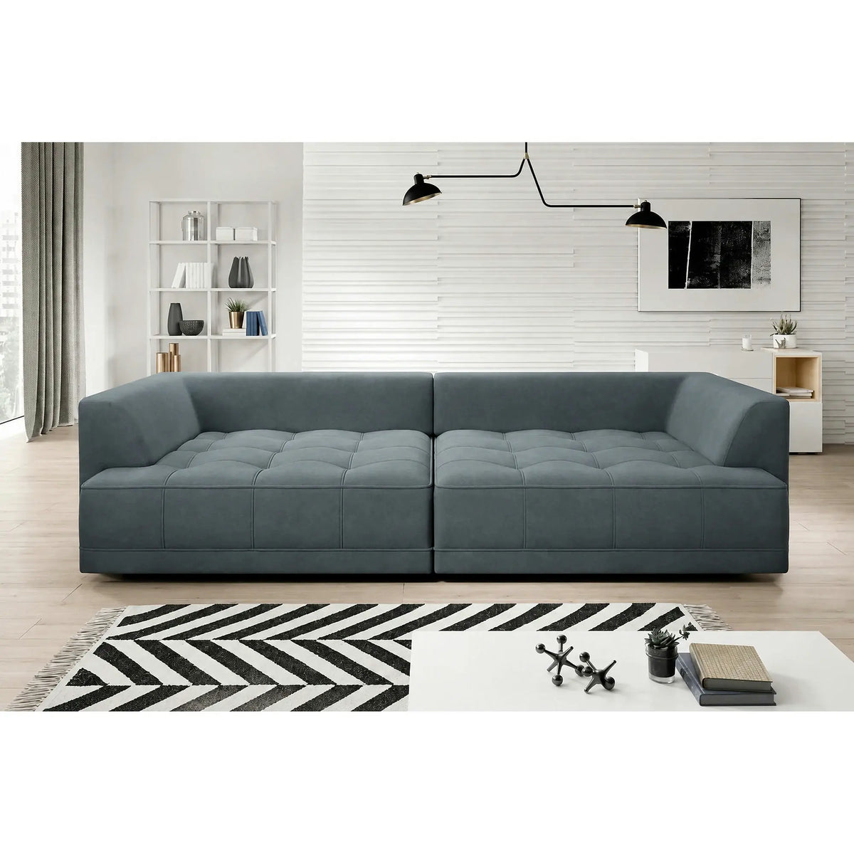 Canapea TIGA, stofa catifelata turcoaz inchis - Riviera 87, reglaj electric, 4 locuri, 302x136x72/88 cm