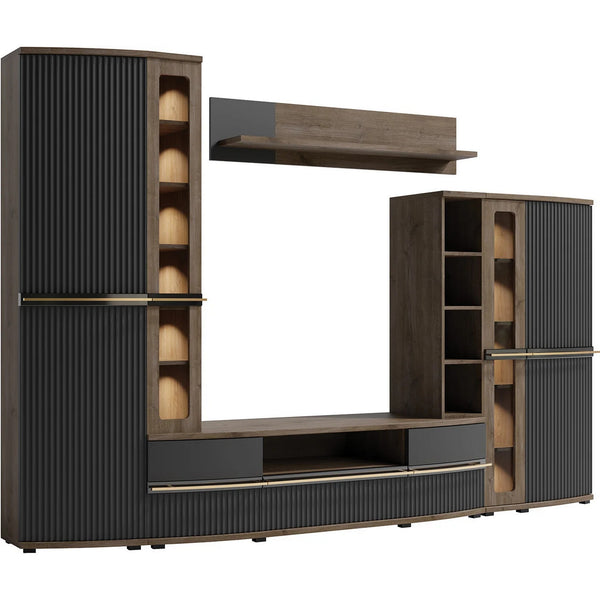 Mobilier living CANDY2 A, stejar inchis/gri/negru, PAL/sticla, cu iluminare LED, 6 piese, 299x43x199 cm