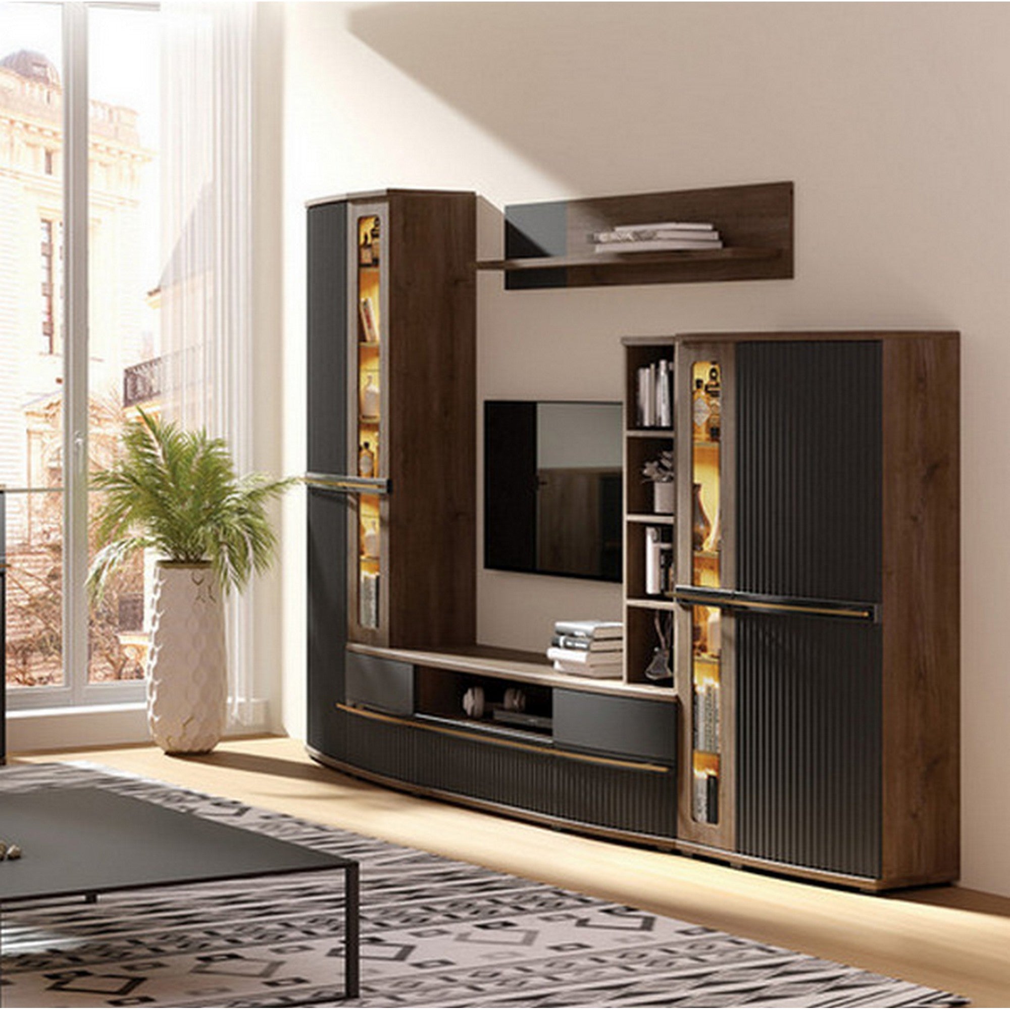 Mobilier living CANDY2 A, stejar inchis/gri/negru, PAL/sticla, cu iluminare LED, 6 piese, 299x43x199 cm