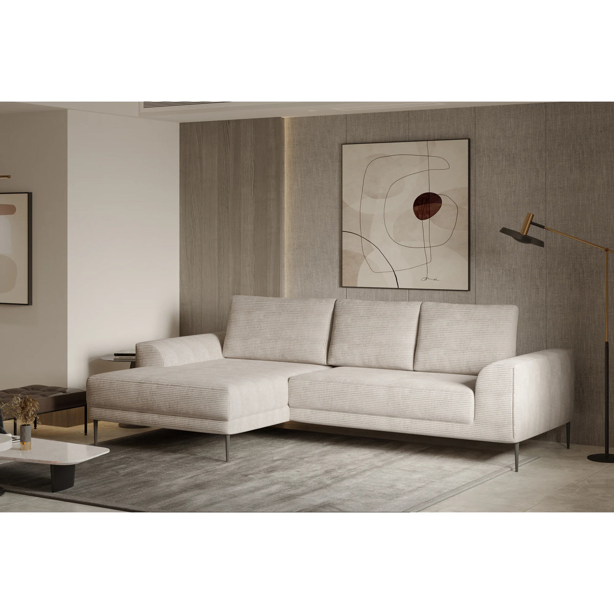 Coltar extensibil CAPITOL, sezlong stanga, stofa catifelata gri - Whisper 17, cu lada depozitare, 276x175x89 cm