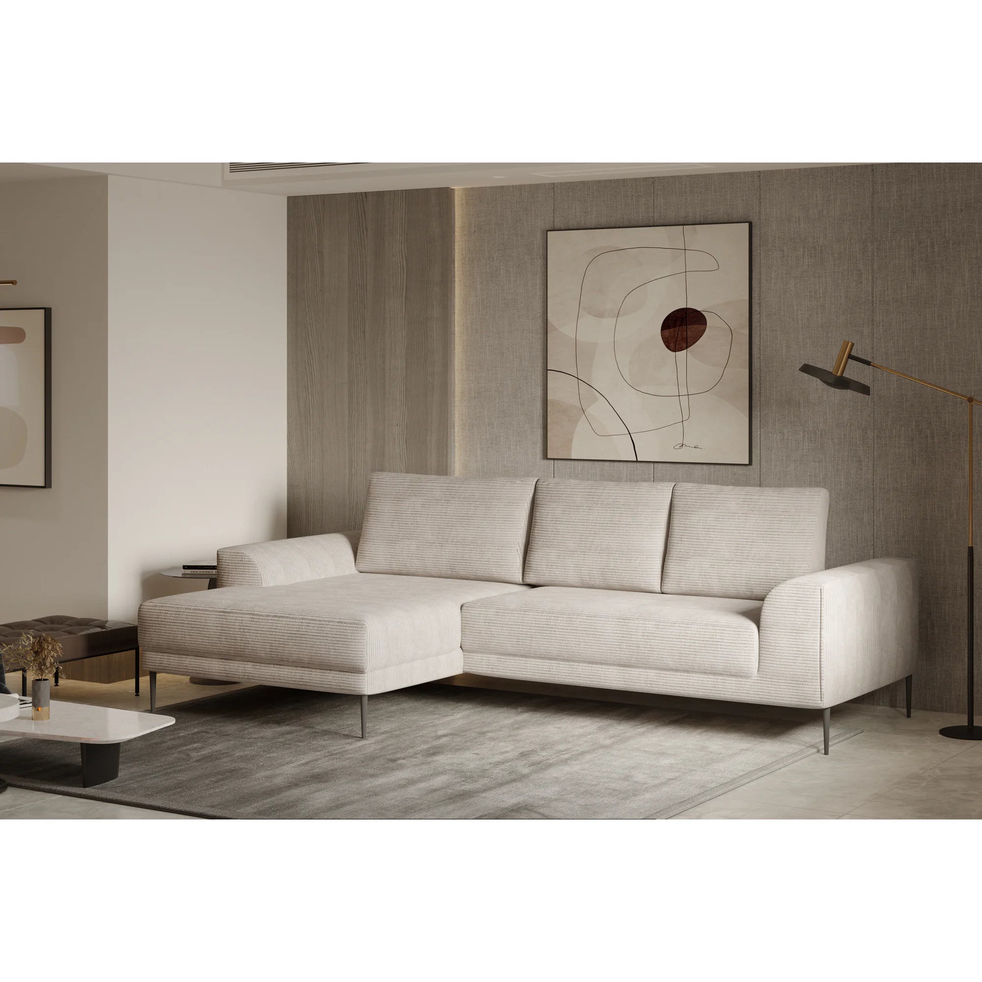 Coltar extensibil CAPITOL, sezlong stanga, stofa catifelata gri - Whisper 17, cu lada depozitare, 276x175x89 cm