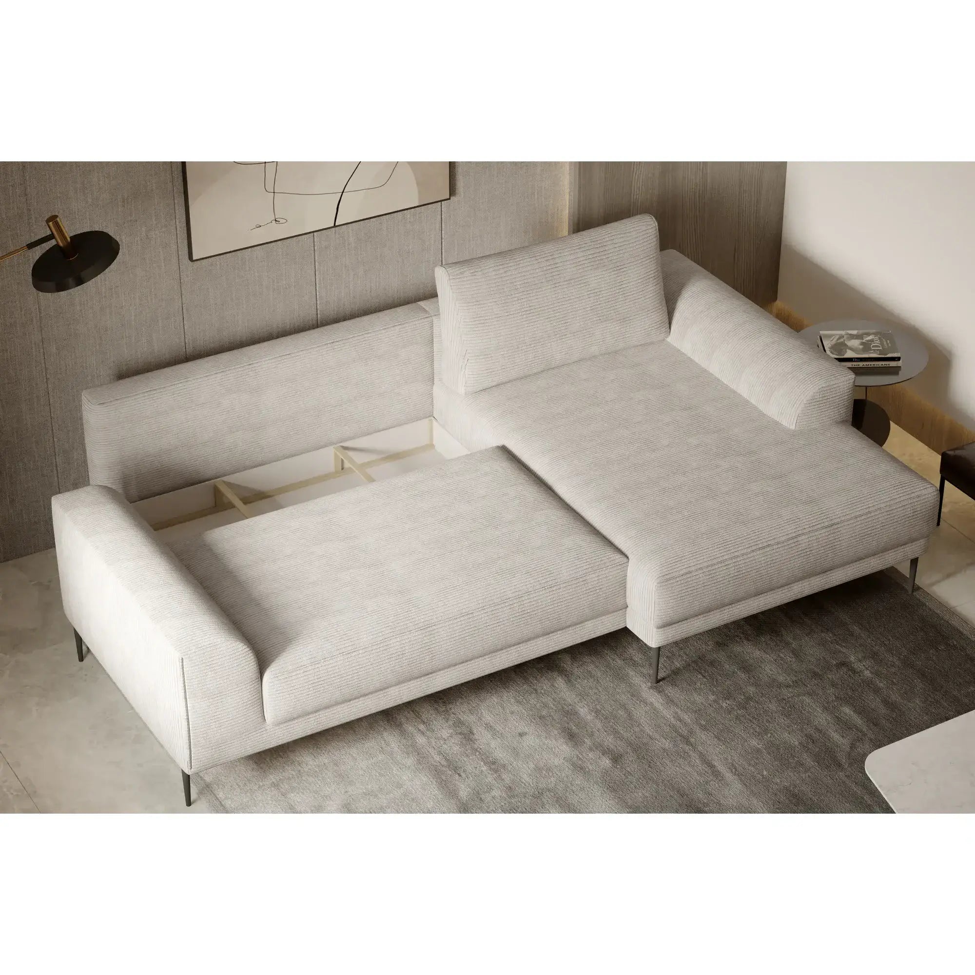 Coltar extensibil CAPITOL, sezlong dreapta, stofa catifelata gri inchis - Whisper 15, Gama Premium, cu lada depozitare, 276x175x89 cm