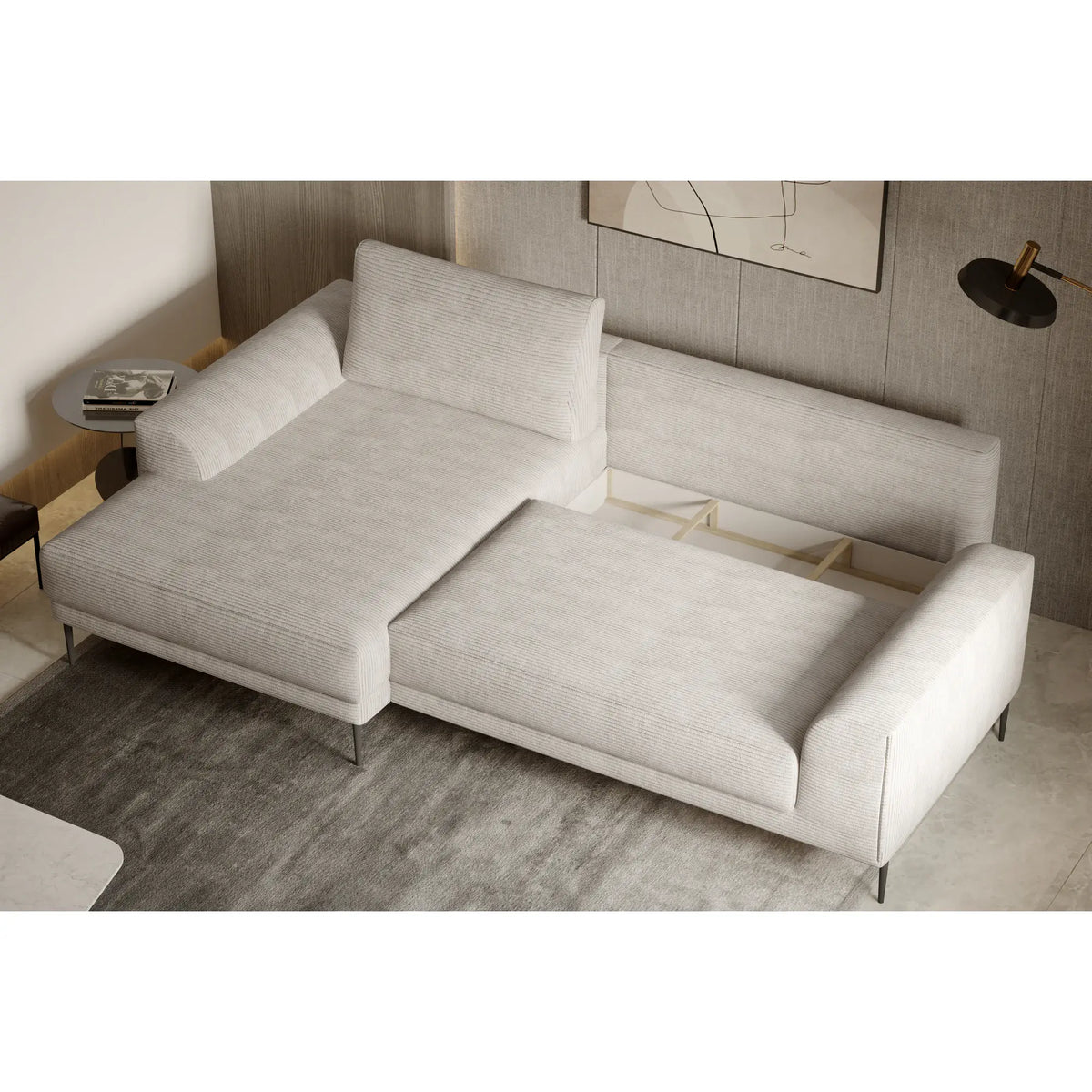 Coltar extensibil CAPITOL, sezlong stanga, stofa catifelata gri - Whisper 17, cu lada depozitare, 276x175x89 cm