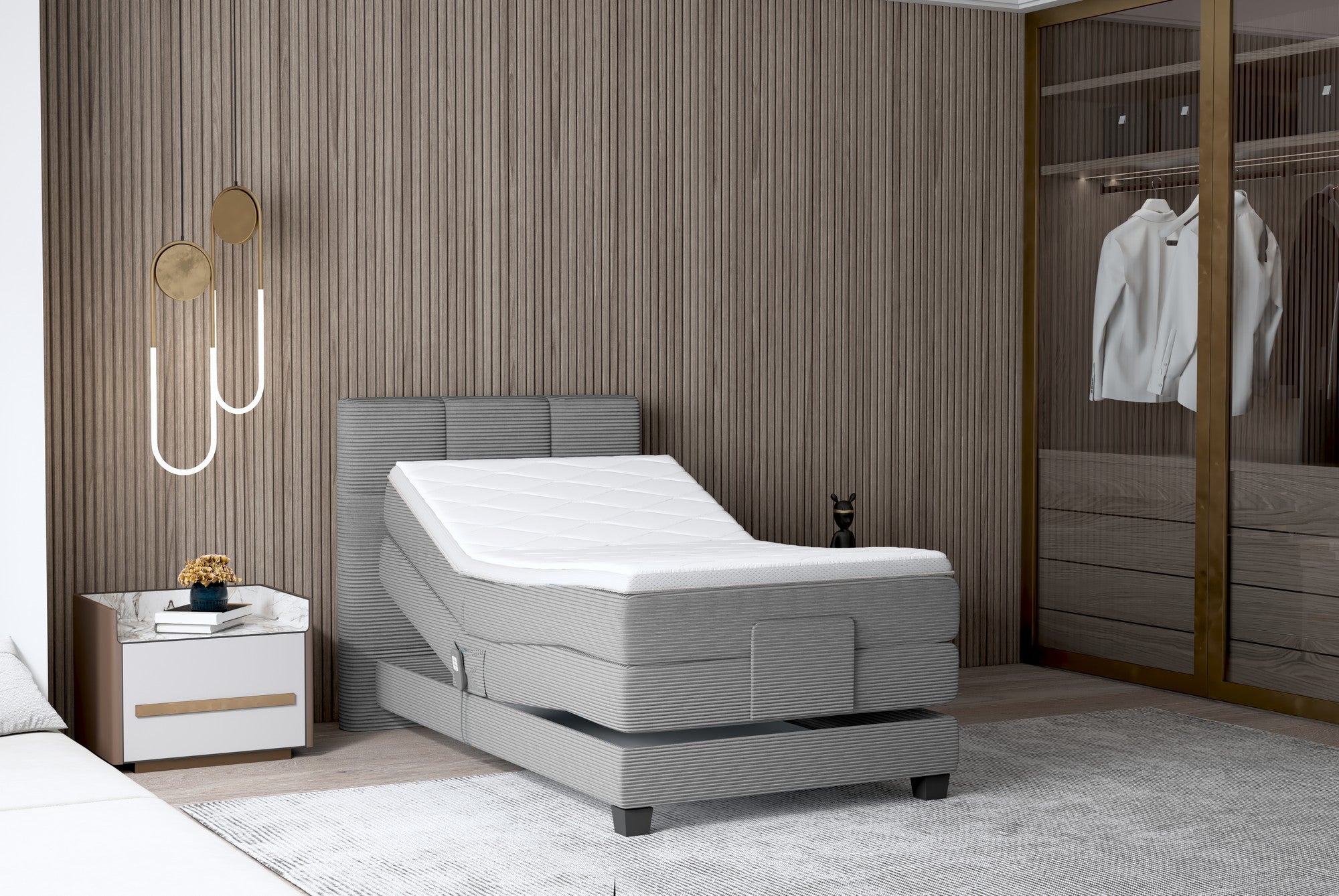 Pat boxspring CARLOS 100x200, personalizabil materiale Gama Premium, cu mecanism electric, saltele si topper