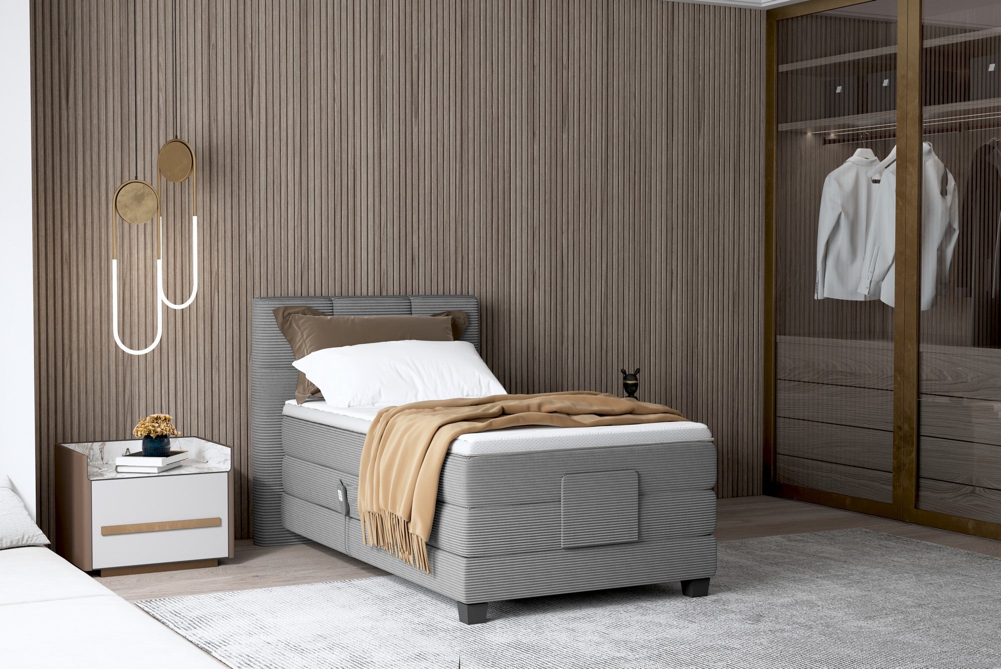 Pat boxspring CARLOS 100x200, personalizabil materiale Gama Premium, cu mecanism electric, saltele si topper