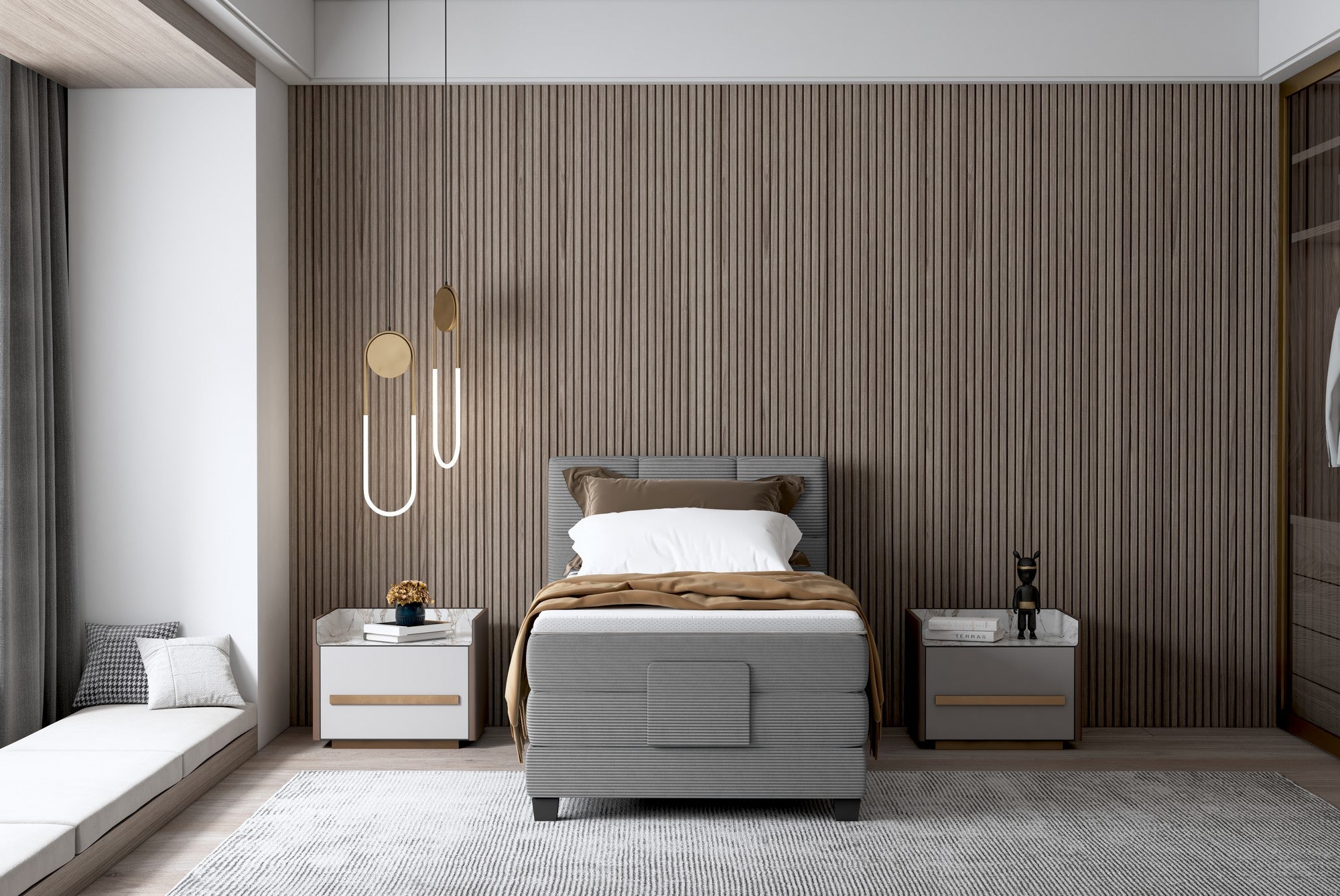 Pat boxspring CARLOS 100x200, personalizabil materiale Gama Premium, cu mecanism electric, saltele si topper