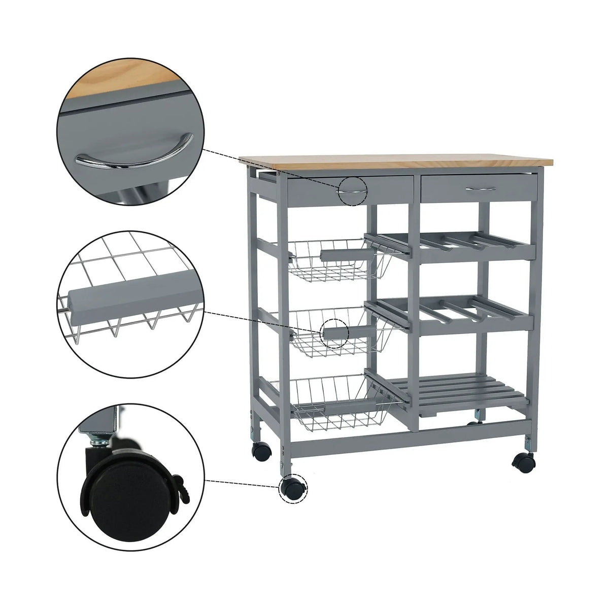 Carucior servire BARABE, gri/stejar, 67x37x76 cm
