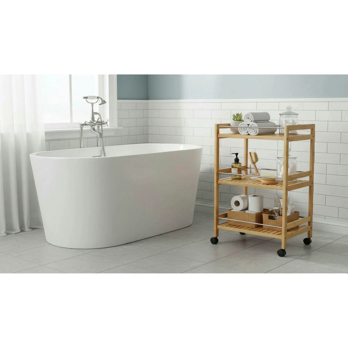 Carucior servire NASHY, stejar/negru, lemn de bambus/otel, 47x38x76 cm