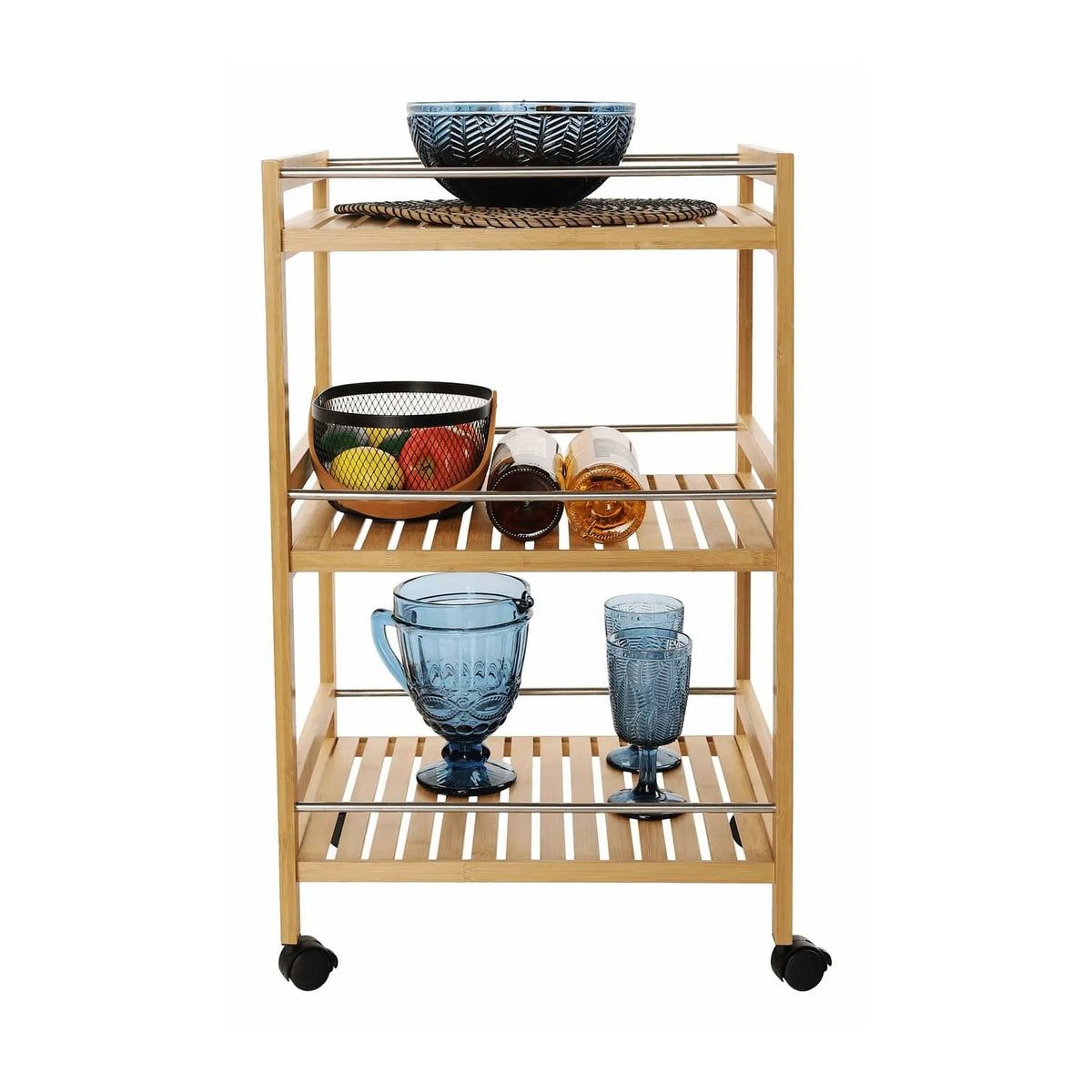 Carucior servire NASHY, stejar/negru, lemn de bambus/otel, 47x38x76 cm