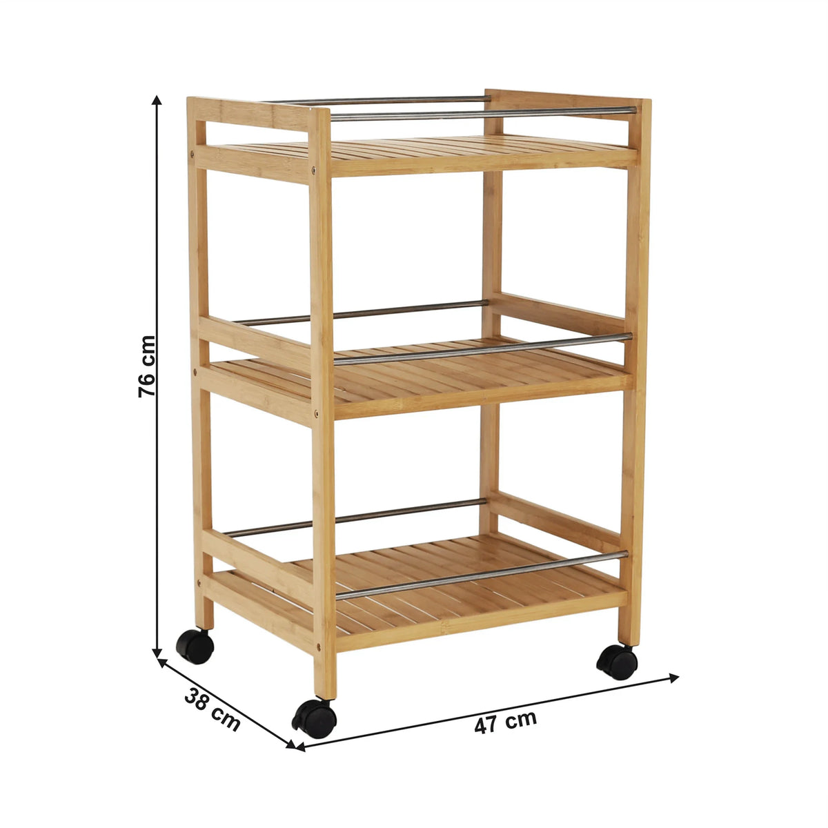 Carucior servire NASHY, stejar/negru, lemn de bambus/otel, 47x38x76 cm