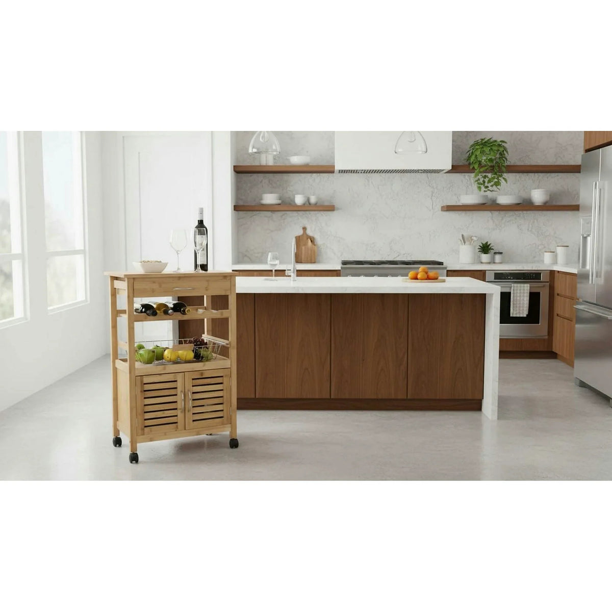 Carucior servire NAVID, stejar, bambus, 56x36x85 cm