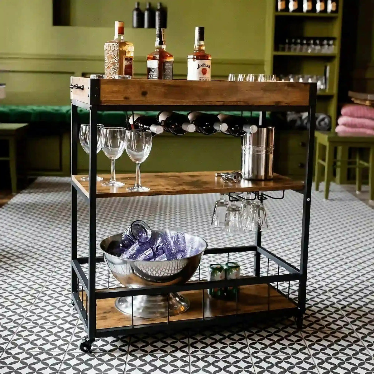 Carucior servire SILVIUS, nuc/negru, PAL/metal, 80x40x90 cm