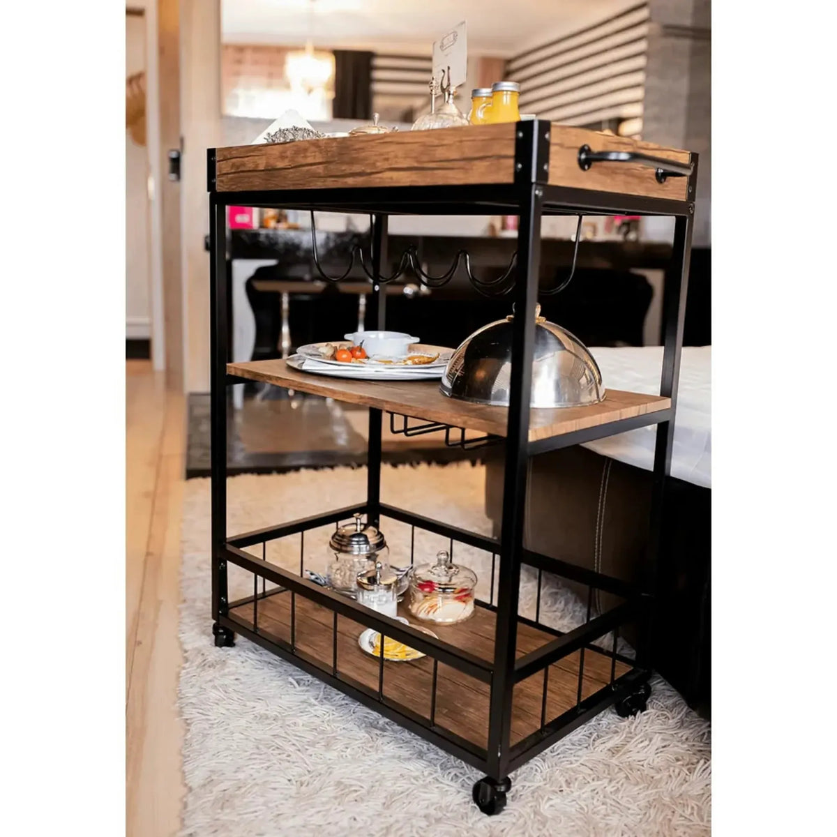 Carucior servire SILVIUS, nuc/negru, PAL/metal, 80x40x90 cm