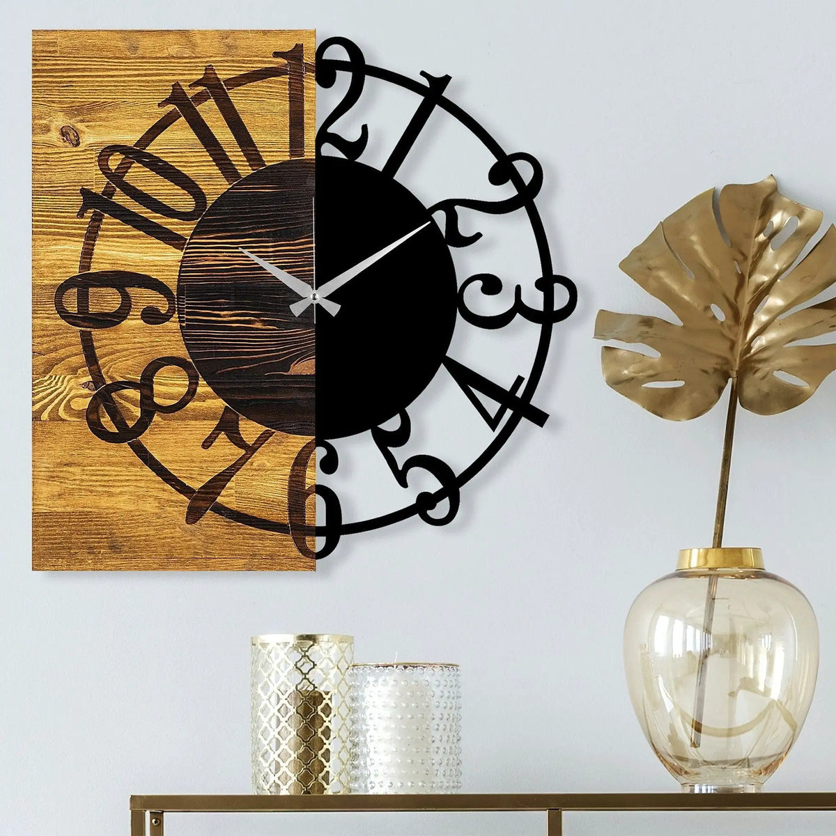 Ceas de perete Wooden Clock 1, nuc/negru, lemn/metal, 58x58x3 cm