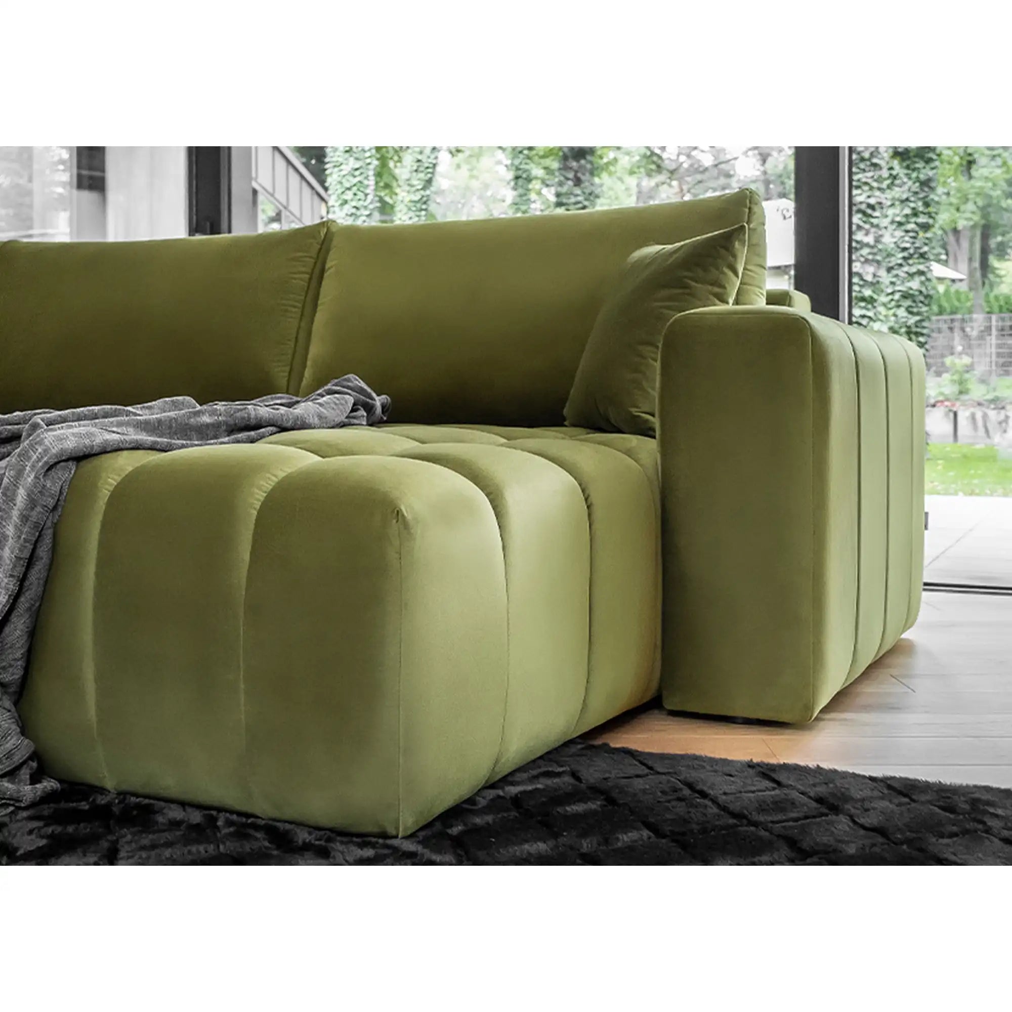 Coltar extensibil BONITO, sezlong stanga, stofa catifelata verde - Loco 33, cu lada depozitare, 340x170x92 cm