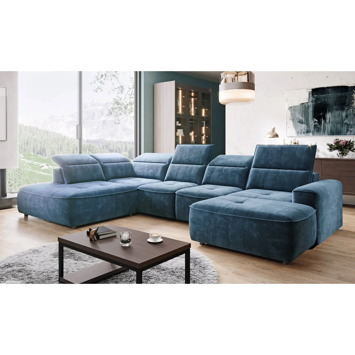 Coltar extensibil COLOMBO XL, sezlong stanga, stofa clasica galben mustar - Austin 11, cu sistem electric de ajustare a adancimii, tetiere, spatar si sezut reglabile, lada depozitare, 376x227x103 cm