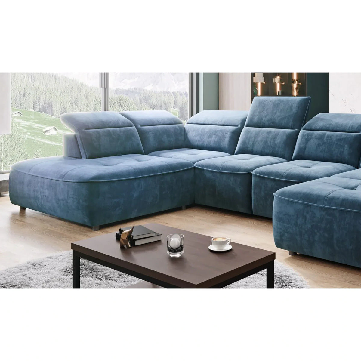 Coltar extensibil COLOMBO XL, sezlong stanga, stofa clasica galben mustar - Austin 11, cu sistem electric de ajustare a adancimii, tetiere, spatar si sezut reglabile, lada depozitare, 376x227x103 cm