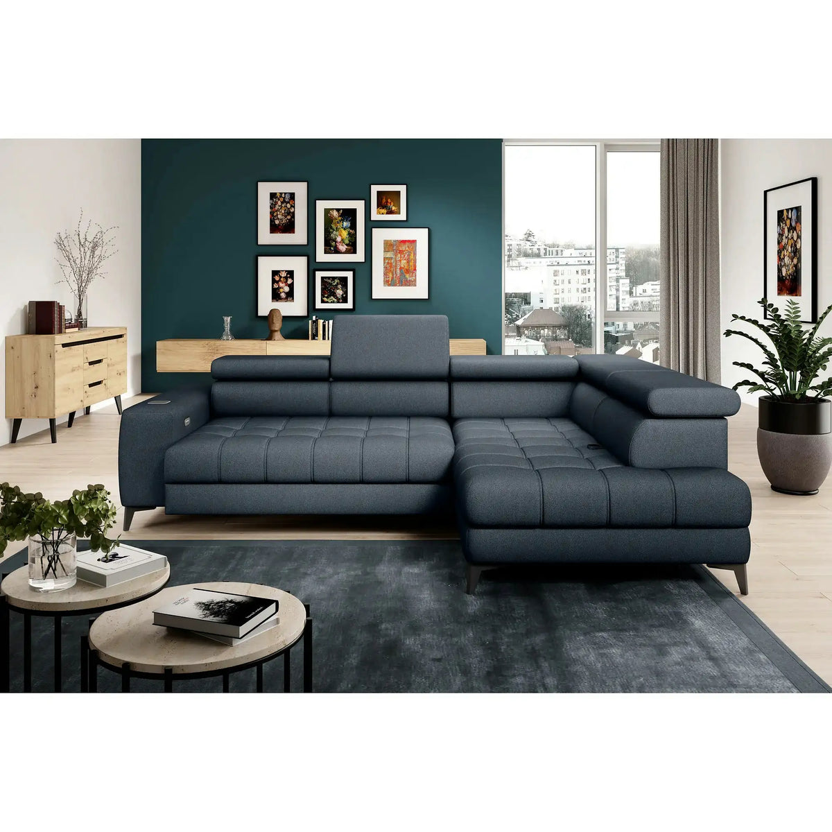 Coltar BAGGIO, personalizabil, cu reglaj electric, incarcator wireless, lada depozitare si tetiere reglabile, 280x196x100 cm