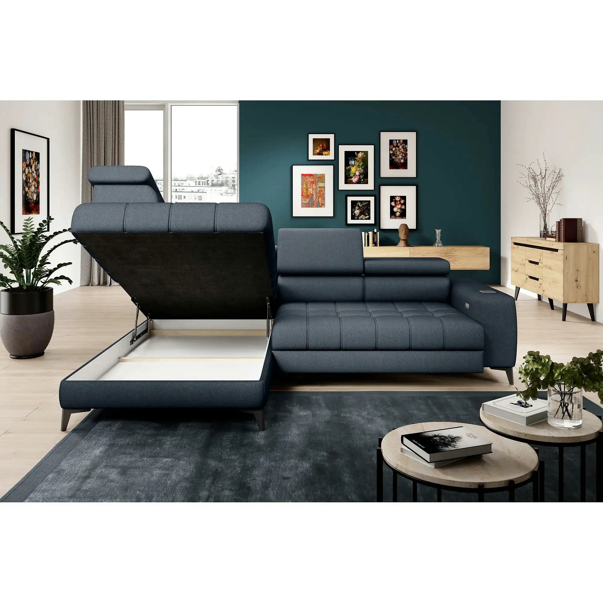 Coltar BAGGIO, personalizabil, cu reglaj electric, incarcator wireless, lada depozitare si tetiere reglabile, 280x196x100 cm