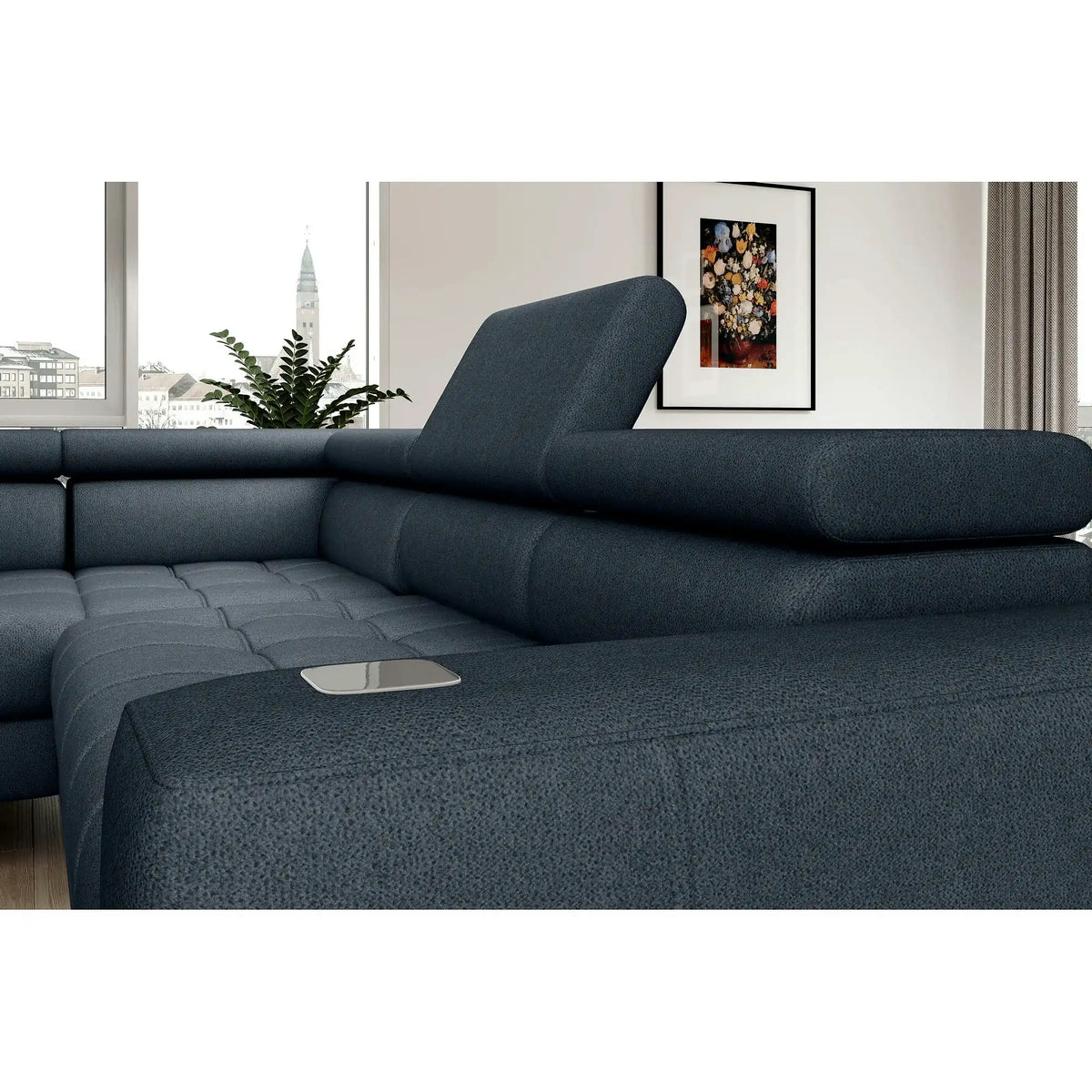 Coltar BAGGIO, personalizabil, cu reglaj electric, incarcator wireless, lada depozitare si tetiere reglabile, 280x196x100 cm