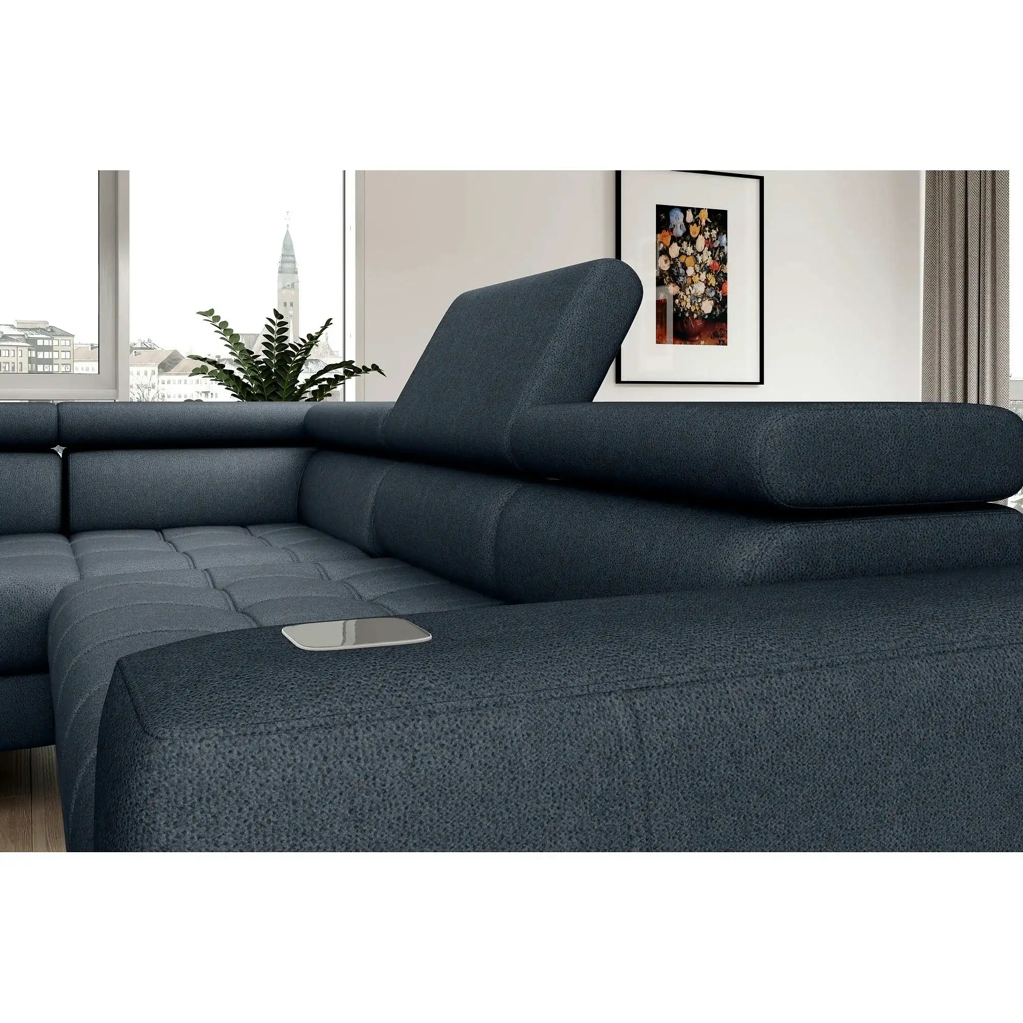 Coltar BAGGIO, personalizabil, cu reglaj electric, incarcator wireless, lada depozitare si tetiere reglabile, 280x196x100 cm
