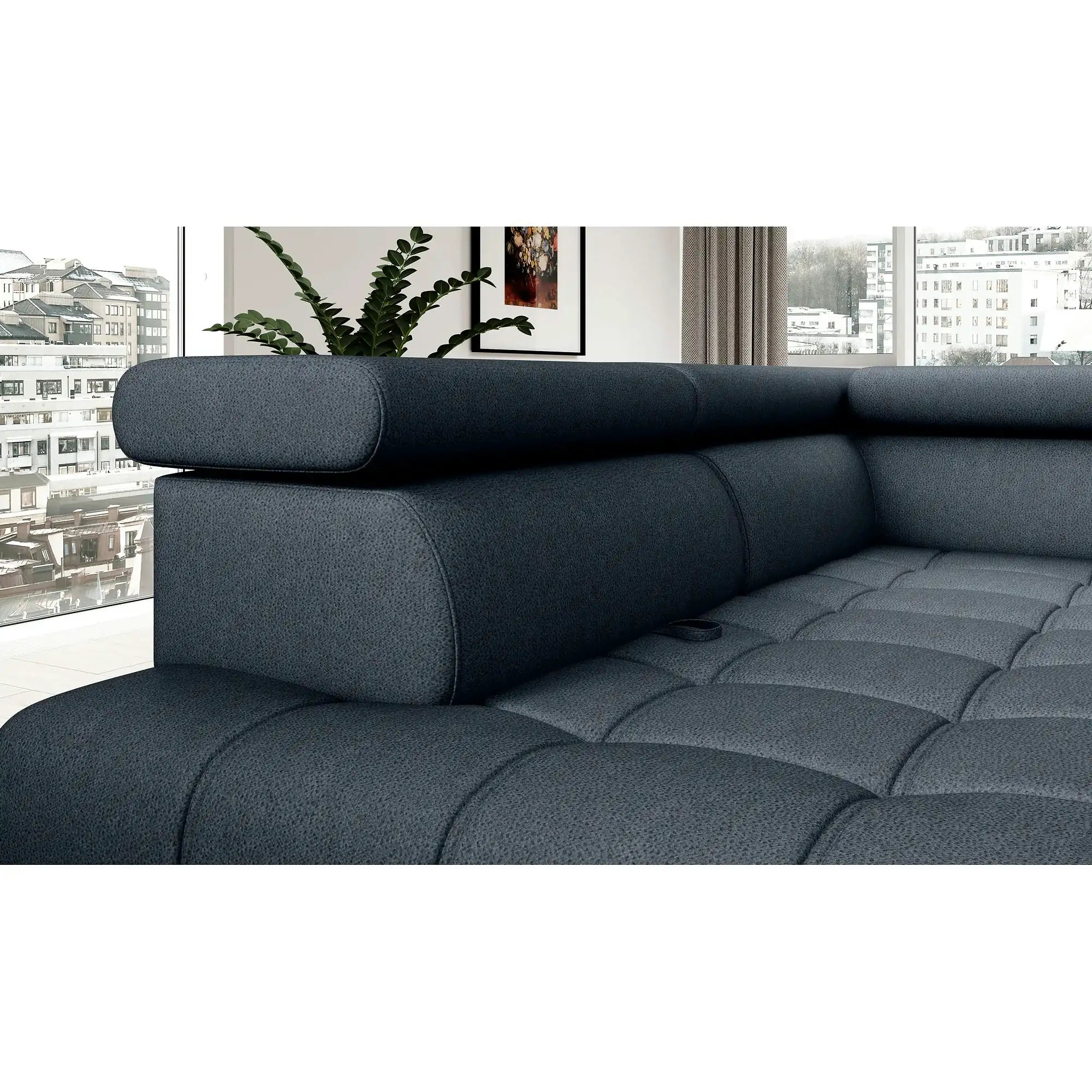 Coltar BAGGIO, personalizabil, cu reglaj electric, incarcator wireless, lada depozitare si tetiere reglabile, 280x196x100 cm