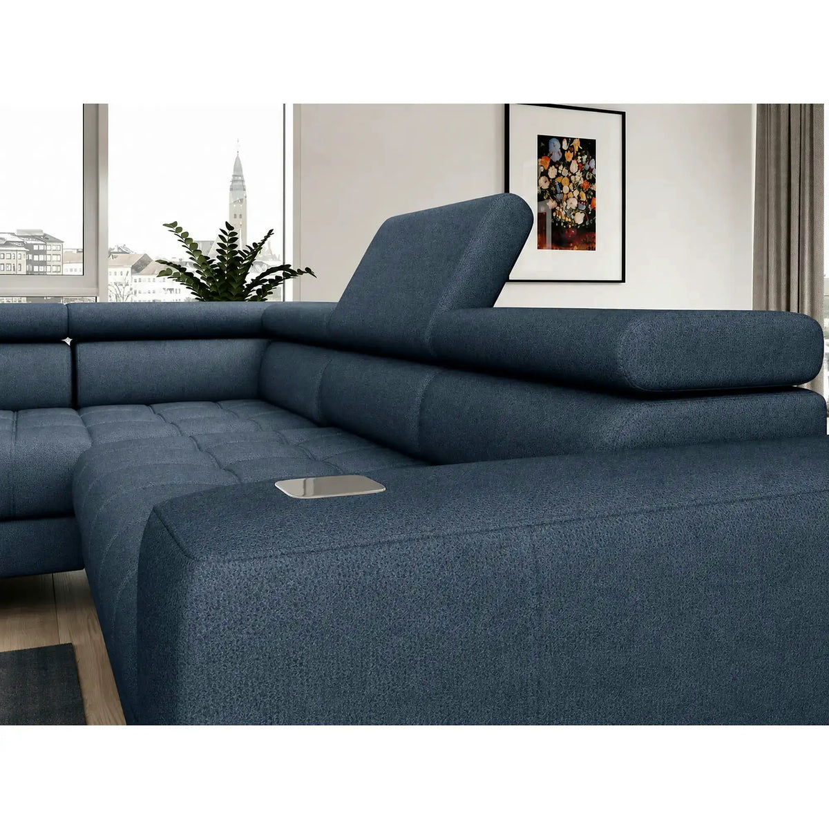 Coltar BAGGIO, sezlong dreapta, stofa catifelata albastru - Whisper 12, cu reglaj electric, incarcator wireless, lada depozitare si tetiere reglabile, 280x196x100 cm