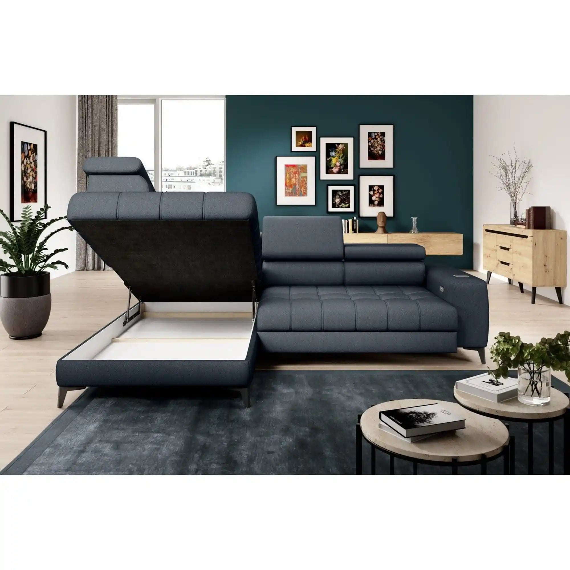 Coltar BAGGIO, sezlong dreapta, stofa catifelata albastru - Whisper 12, Gama Premium, cu reglaj electric, incarcator wireless, lada depozitare si tetiere reglabile, 280x196x100 cm