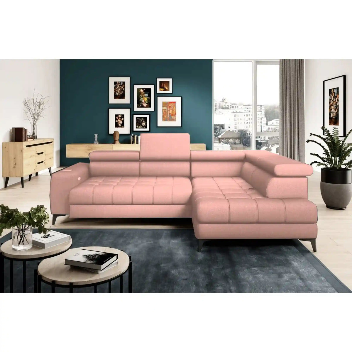 Coltar BAGGIO, sezlong dreapta, stofa catifelata roz - Element 18, Gama Premium, cu reglaj electric, incarcator wireless, lada depozitare si tetiere reglabile, 280x196x100 cm