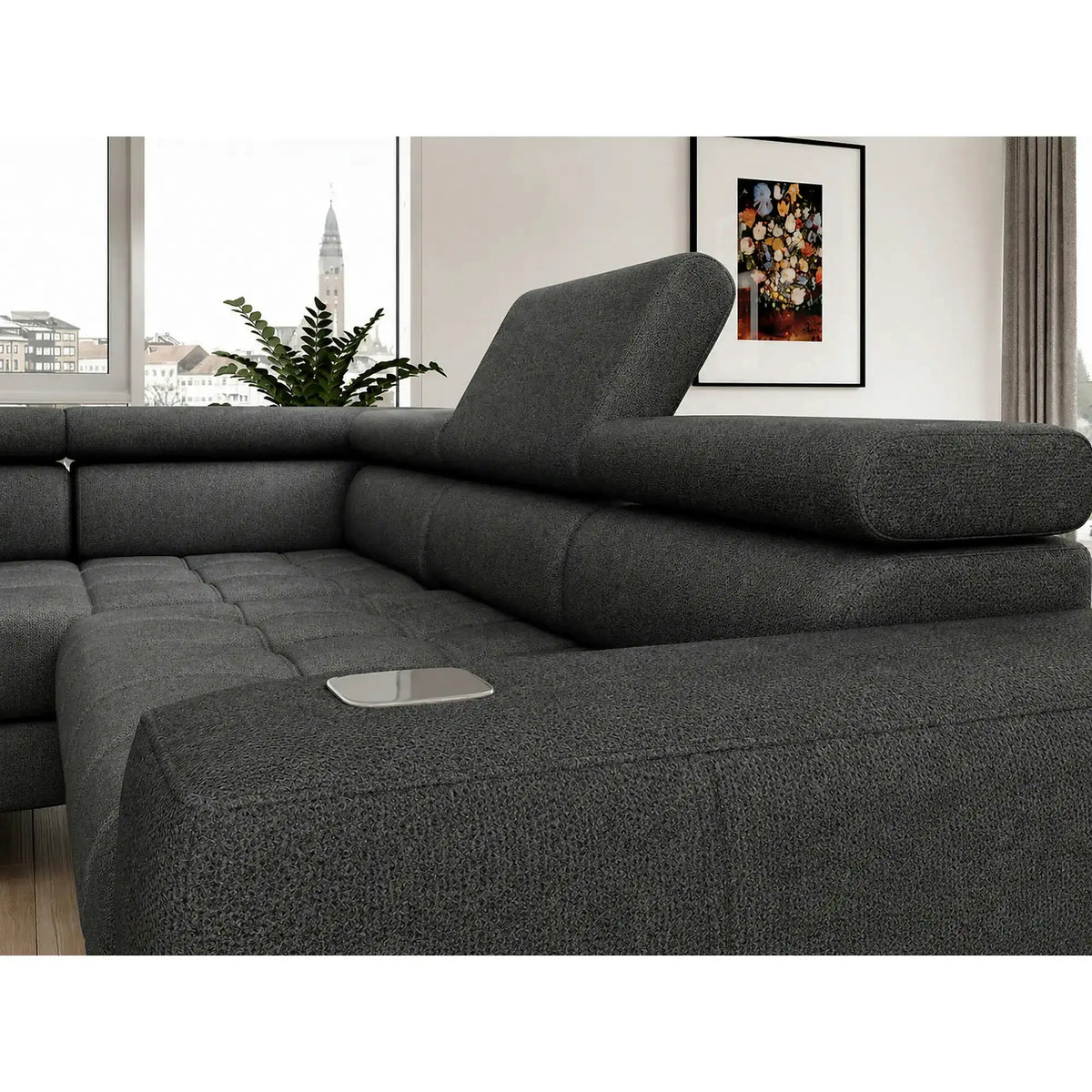 Coltar BAGGIO, sezlong dreapta, stofa clasica gri inchis - Austin 20, cu reglaj electric, incarcator wirelles, lada depozitare si tetiere reglabile, 280x196x100 cm