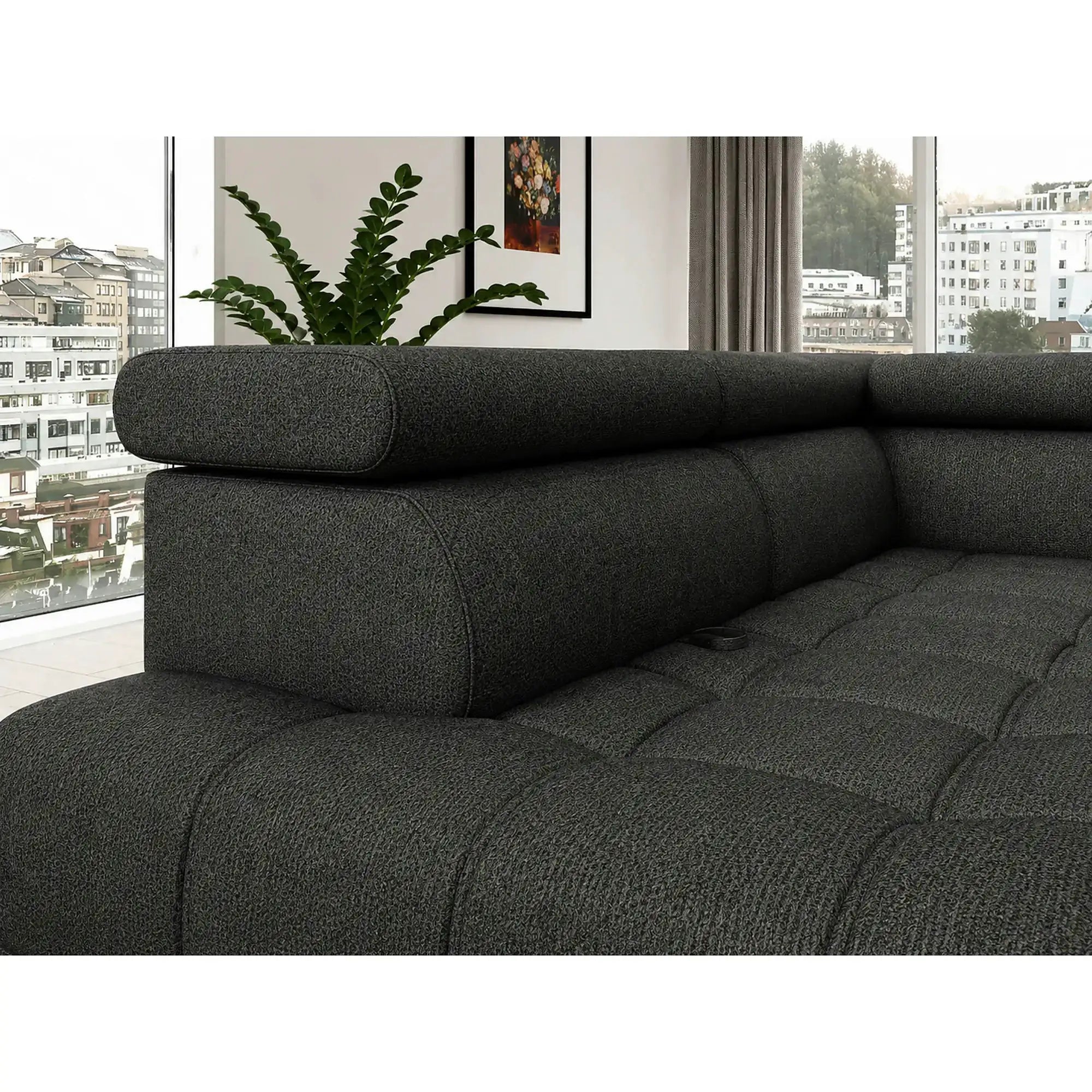 Coltar BAGGIO, sezlong dreapta, stofa clasica gri inchis - Austin 20, cu reglaj electric, incarcator wirelles, lada depozitare si tetiere reglabile, 280x196x100 cm