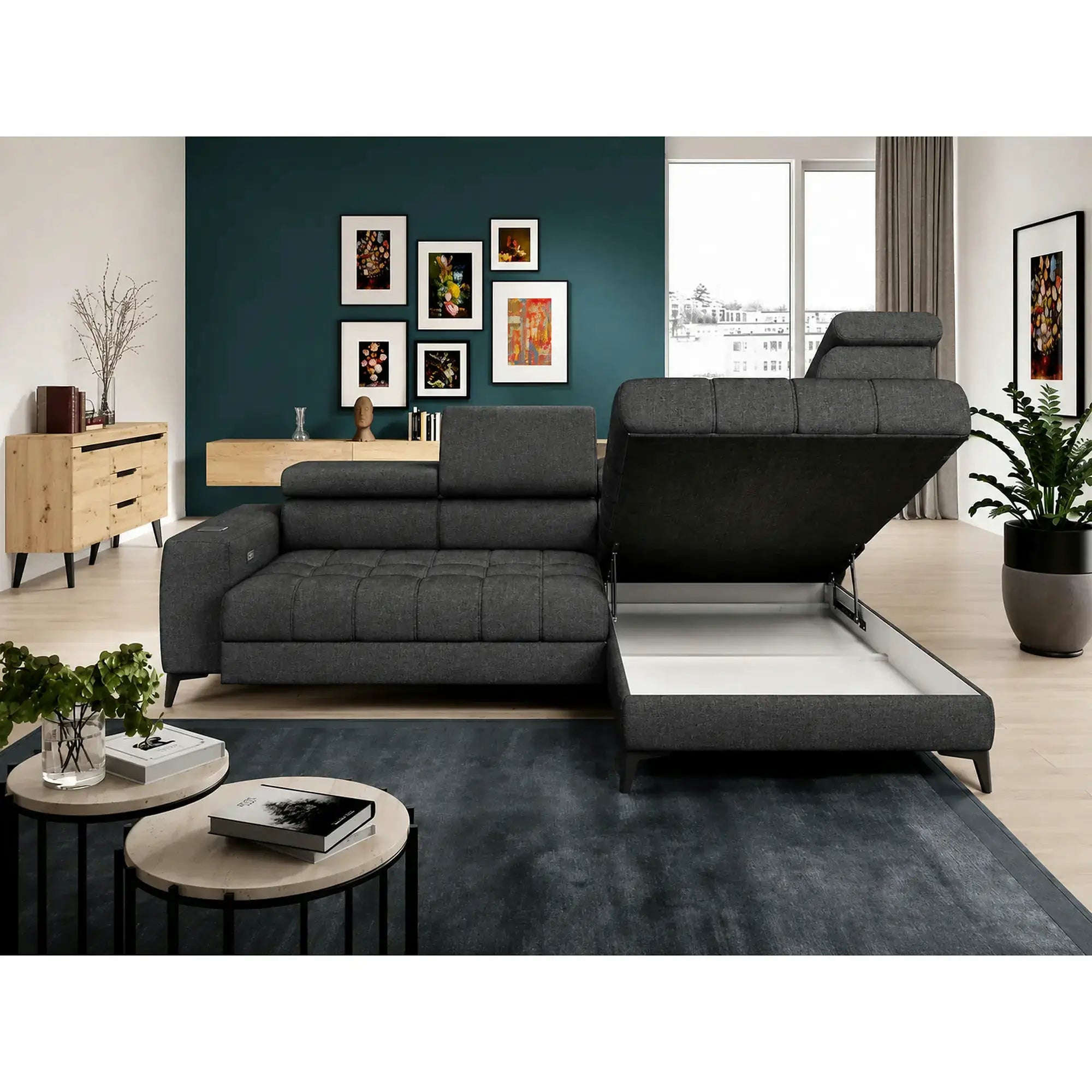 Coltar BAGGIO, sezlong dreapta, stofa clasica gri inchis - Austin 20, cu reglaj electric, incarcator wirelles, lada depozitare si tetiere reglabile, 280x196x100 cm