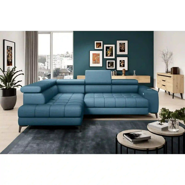 Coltar BAGGIO, sezlong stanga, stofa buclata grej - Aphrodite 04, Gama Premium, cu reglaj electric, incarcator wireless, lada depozitare si tetiere reglabile, 280x196x100 cm