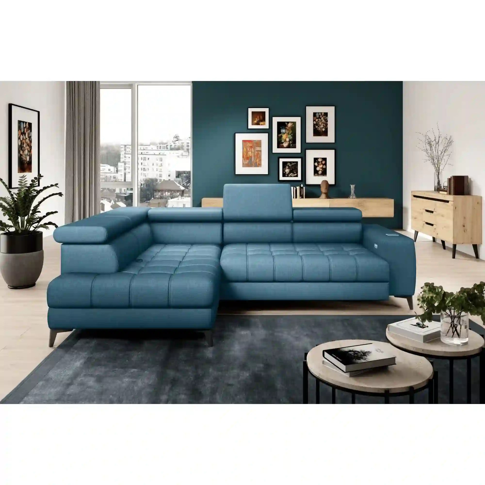 Coltar BAGGIO, sezlong stanga, stofa catifelata albastru - Whisper 12, Gama Premium, cu reglaj electric, incarcator wireless, lada depozitare si tetiere reglabile, 280x196x100 cm