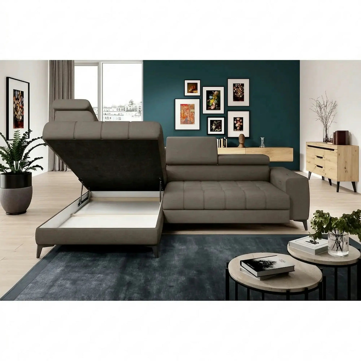 Coltar BAGGIO, sezlong stanga, stofa catifelata cappuccino - Poso 03, cu reglaj electric, incarcator wireless, lada depozitare si tetiere reglabile, 280x196x100 cm